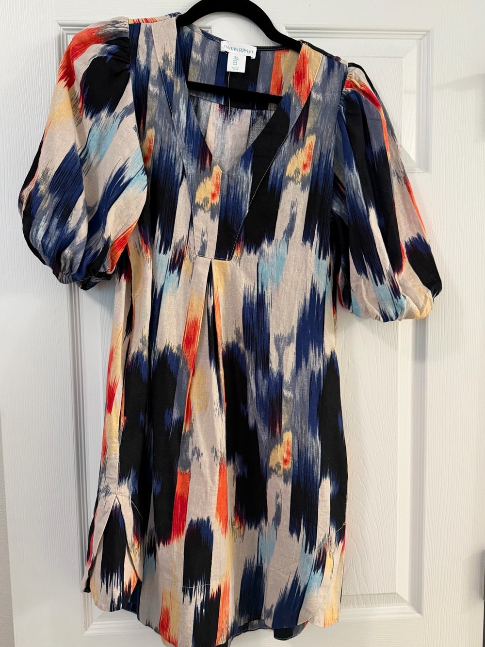 Cynthia Rowley Multicolor Abstract V-Neck Mini Dress — Navy, Black, Red, Cream.